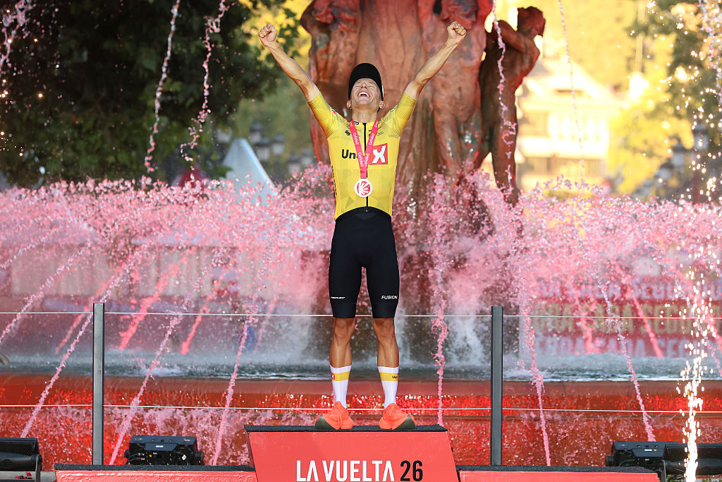GRANADA, SPAIN - SEPTEMBER 13: Tobias Halland Johannessen of Norway and Team Uno-X Mobility celebrates at podium as stage winner during the La Vuelta - 81st Tour of Spain 2026, Stage 21 a 112km stage from Granada to Granada / #UCIWT / on September 13, 2026 in Granada, Spain. (Photo by Alexander Hassenstein/Getty Images)