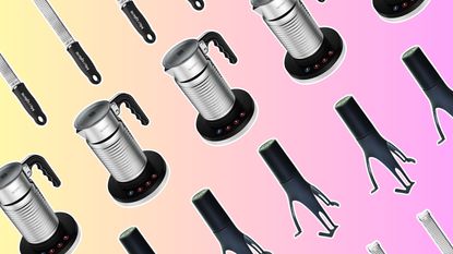 An assortment of kitchen gadgets including the Nespresso Aeroccino4, automatic pan stirrer and microplane zester on pink and yellow background