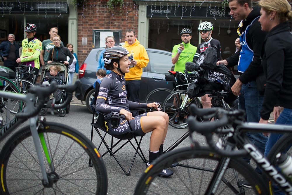Dani King (GBR) of Wiggle Hi5 Cycling Team talks to a TV crew before the start of the Aviva Women's Tour 2016 - Stage 3