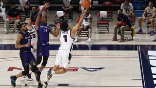 Chris Parker #1 of the Liberty Flames drives to the basket in the second half during a college basketball game against the North Alabama Lions at Vines Center on Feb. 22, 2021 in Lynchburg, Virginia.