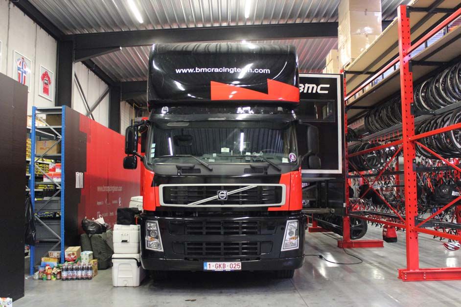 One of the team's trucks sits inside the service course area