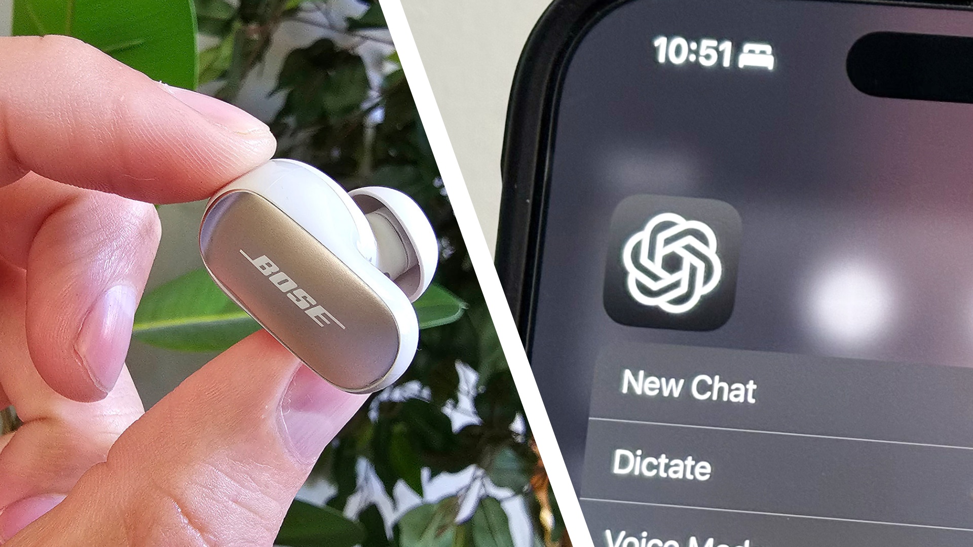 A split image. On the left is a Bose earbud held in a woman's hand with foliage in the background. On the right is the icon of the ChatGPT app on iPhone