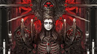 Key art for Crisol: Theater of Idols showing a religious looking figure with a gnarly metal body framed by candles and other gothic iconography