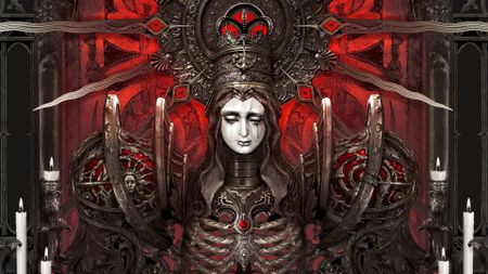 Key art for Crisol: Theater of Idols showing a religious looking figure with a gnarly metal body framed by candles and other gothic iconography