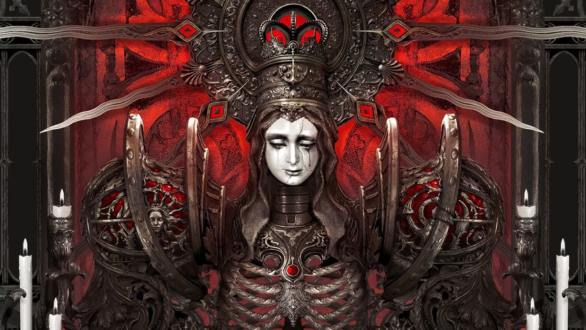 Key art for Crisol: Theater of Idols showing a religious looking figure with a gnarly metal body framed by candles and other gothic iconography