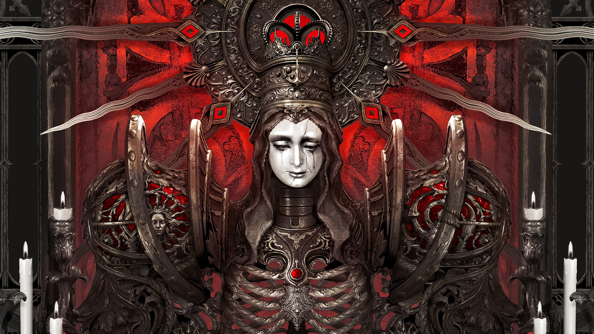Key art for Crisol: Theater of Idols showing a religious looking figure with a gnarly metal body framed by candles and other gothic iconography