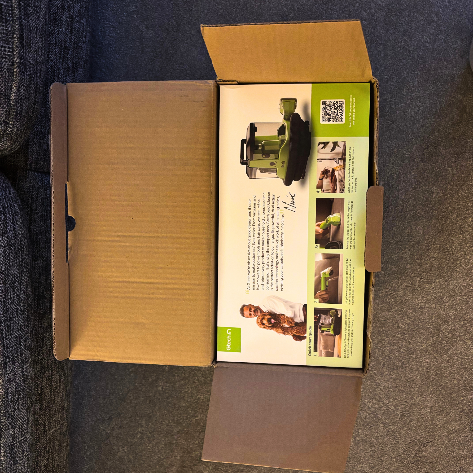 Above view of the opened Gtech Koala Spot Cleaner featuring branded insert