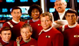 Star Trek VI: The Undiscovered Country crew photo on the Enterprise bridge