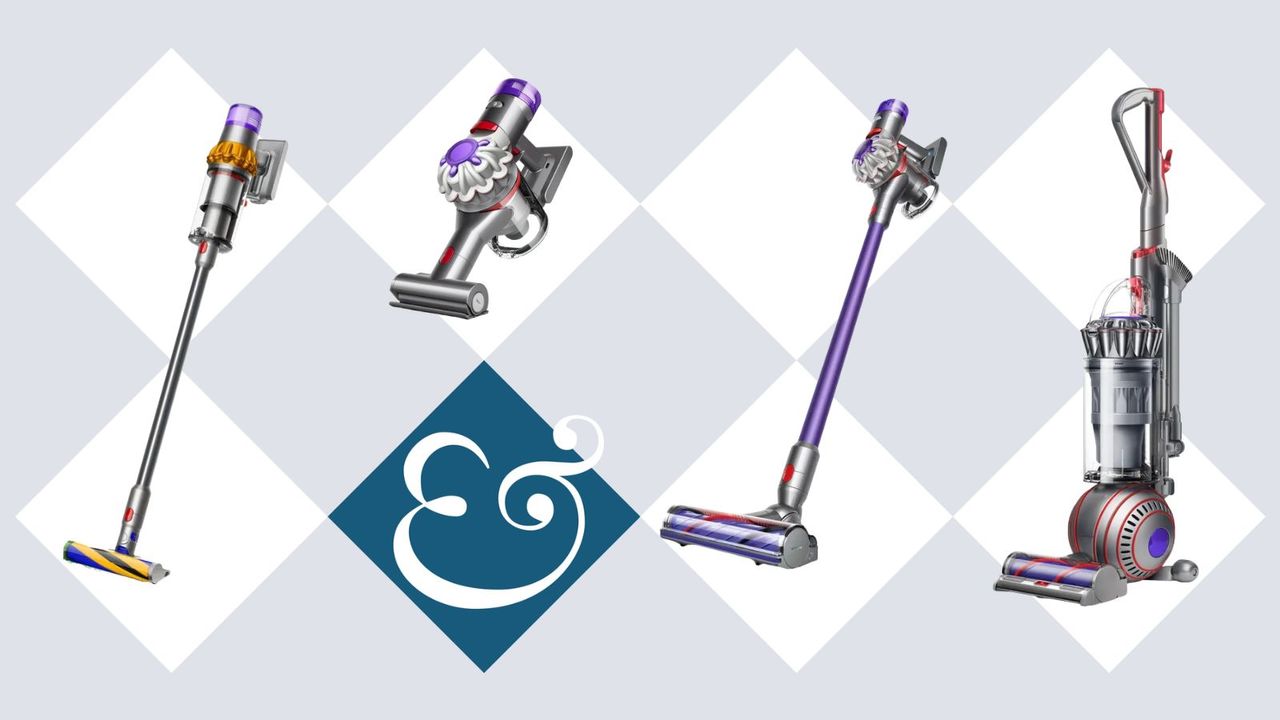 A light blue background, with seven white diamonds, and one teal one with ampersand graphic inset in Homes &amp; Gardens type font. There are four different Dyson vacuums on cutout