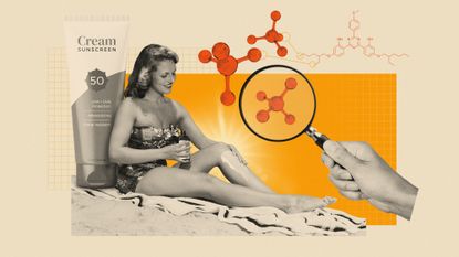 Photo composite illustration of a woman applying sunscreen, a bottle of lotion, hand inspecting with a magnifying glass, and bemotrizinol molecules