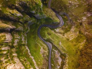 Horse shoe, Cheddar Gorge, Somerset UK bend photographed from above with a drone.