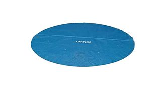Intertex blue solar pool cover in a round shape with white writing.