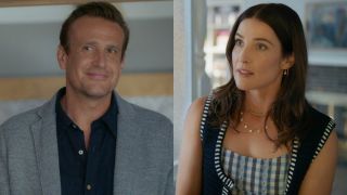 From left to right: Jason Segel smiling on Shrinking and Cobie Smulders looking up on Shrinking. 