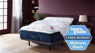 The DreamCloud Adjustable Bundle shown in a red bedroom with a blue Cyber Monday deals badge overlaid on the image