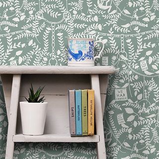 wallpaper wall with sidetable