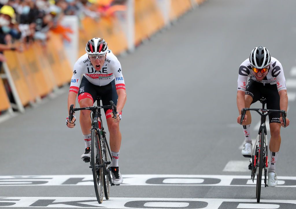 LARUNS FRANCE SEPTEMBER 06 Arrival Sprint Tadej Pogacar of Slovenia and UAE Team Emirates Marc Hirschi of Switzerland and Team Sunweb during the 107th Tour de France 2020 Stage 9 a 153km stage from Pau to Laruns 495m TDF2020 LeTour on September 06 2020 in Laruns France Photo by Thibault Camus PoolGetty Images