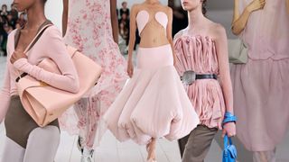 the pale pink spring 2025 color trend at Ferragamo, Loewe, Aläia, Bally, Khaite