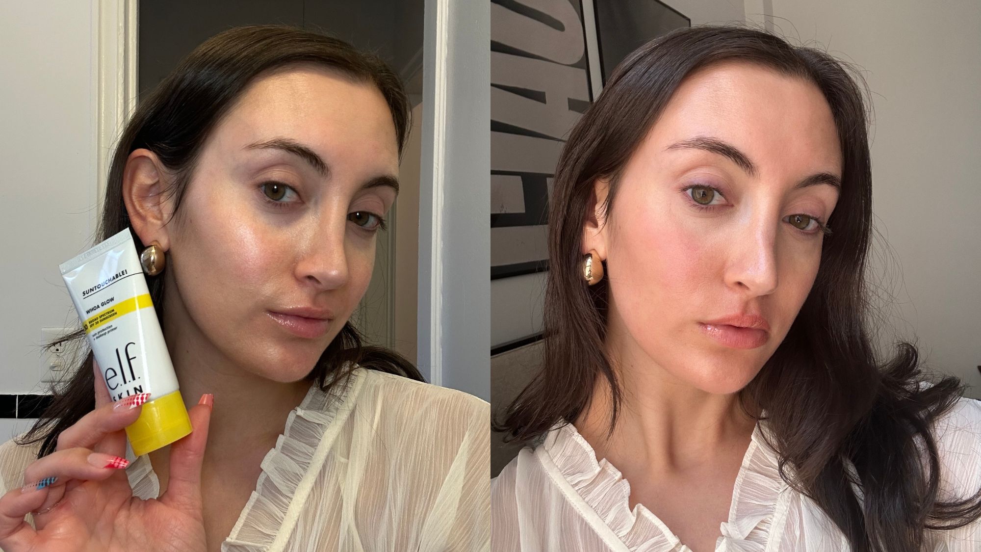 Associate beauty editor Alyssa Brascia holding a drugstore primer and a selfie of her wearing it.