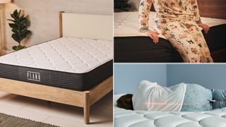 A collage of images during our mattress for heavy people testing period, featuring the Plank Firm on a bed frame in a room (left), a mattress tester sitting on the edge of the Plank Firm Luxe to test its edge support (top right) and a person lying on their side on the DreamCloud Hybrid Mattress in our sleep studio, with a laser pen indicating the support (bottom right)