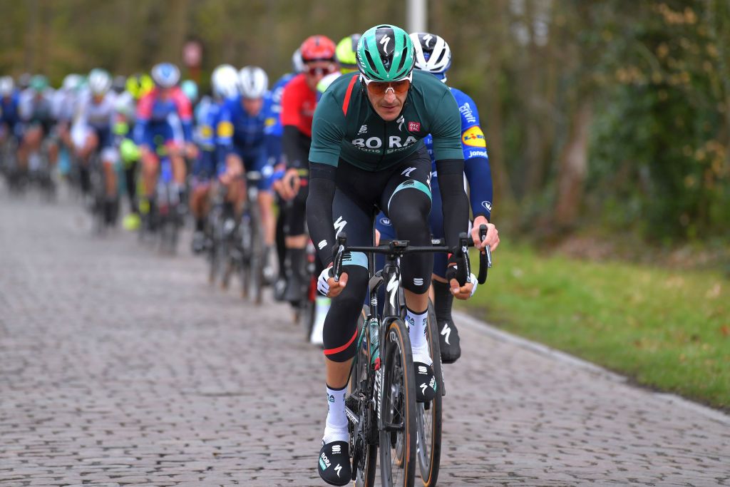 SCHOTEN BELGIUM APRIL 07 Marcus Burghardt of Germany and Team Bora Hansgrohe during the 109th Scheldeprijs 2021 Mens Elite a 1942km race from Terneuzen to Schoten Breakaway Cobblestones SP21 FlandersClassic on April 07 2021 in Schoten Belgium Photo by Luc ClaessenGetty Images