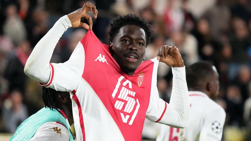 Soungoutou Magassa of AS Monaco celebrates after scoring in their last Champions League match