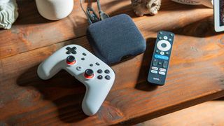Onn Google TV 4K Pro with the Google Stadia controller and the included remote