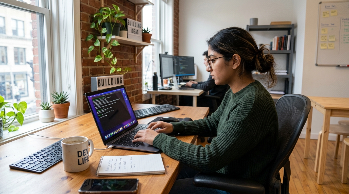 someone sat in an office on a laptop 