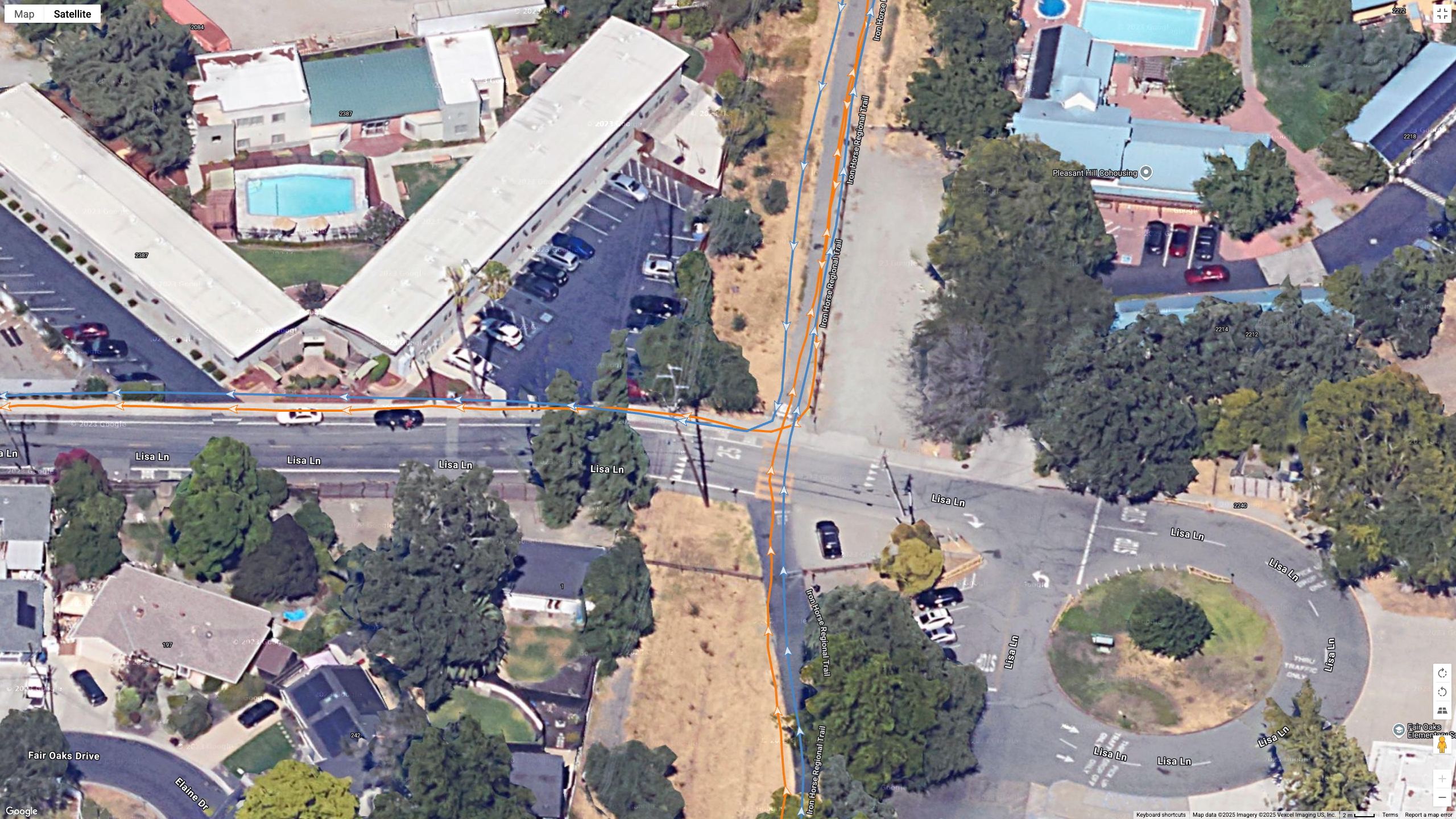 A Google Maps top-down view showing GPS lines for the Garmin Forerunner 970 (orange) and COROS PACE Pro (blue) indicating a running path. 