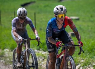 Sofia Gomez Villafañe rides in front of Rosa Klöser during the 2025 battle at Unbound Gravel 200