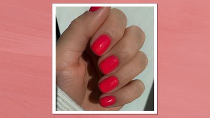 A hand with pink-red 'watermelon nails' by nail artist @gel.bymegan/ in a pink-red template