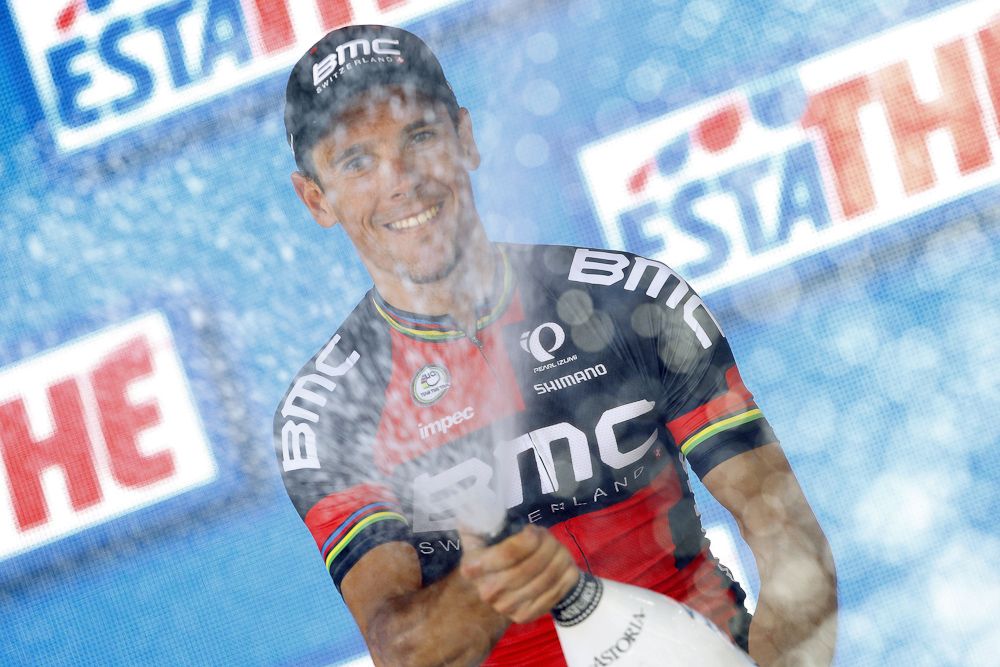 Philippe Gilbert sprays champagne after winning the Giro's stage 18.