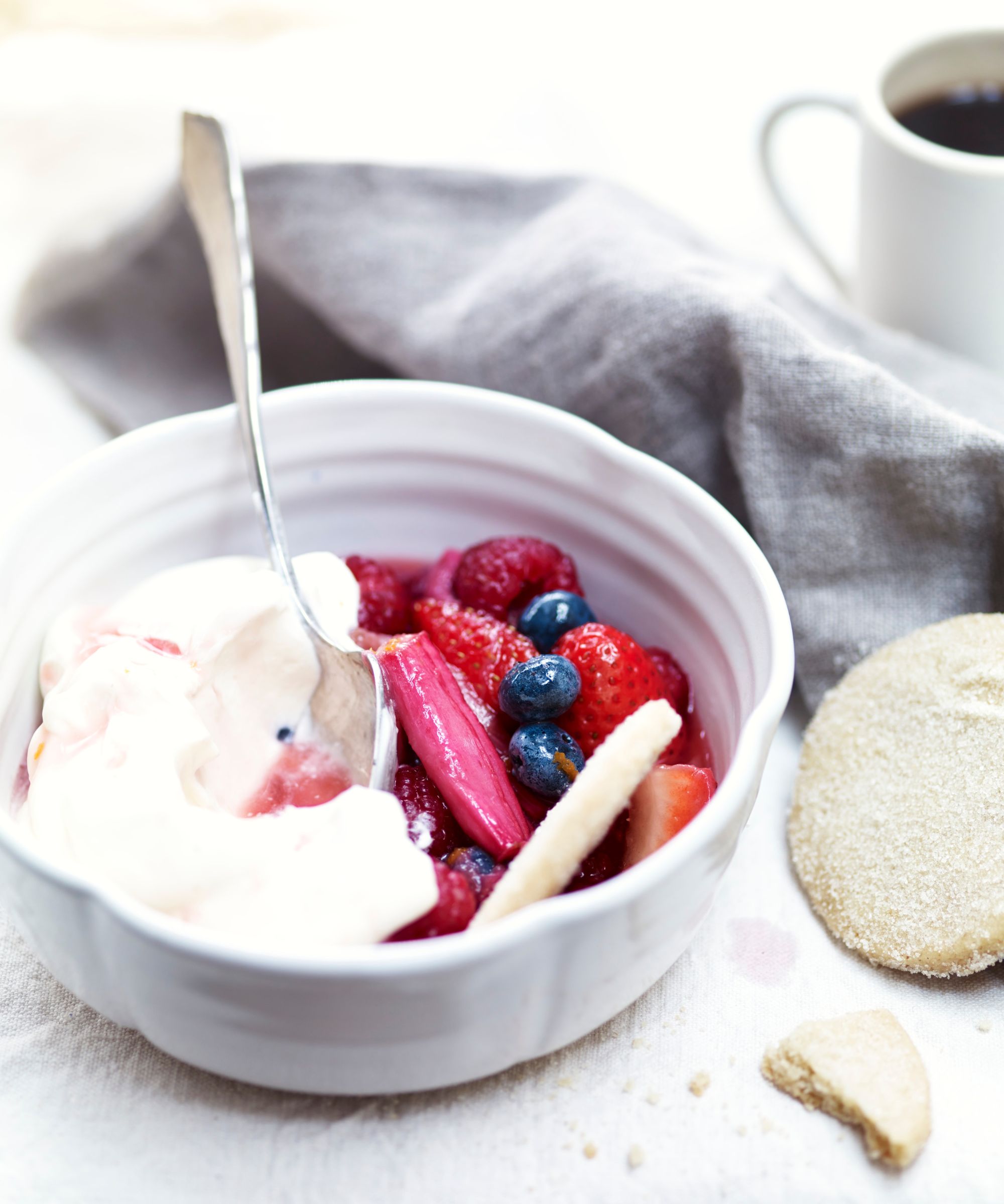 Early summer berry and roast rhubarb compote with a muscat and orange blossom syllabub