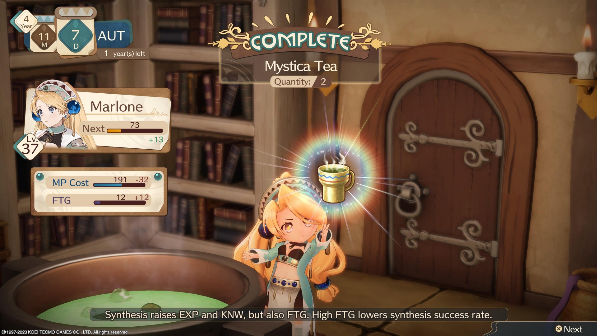 Marie successfully creates Mystica Tea using alchemy at her cauldron in her atelier in Atelier Marie Remake: The Alchemist of Salburg
