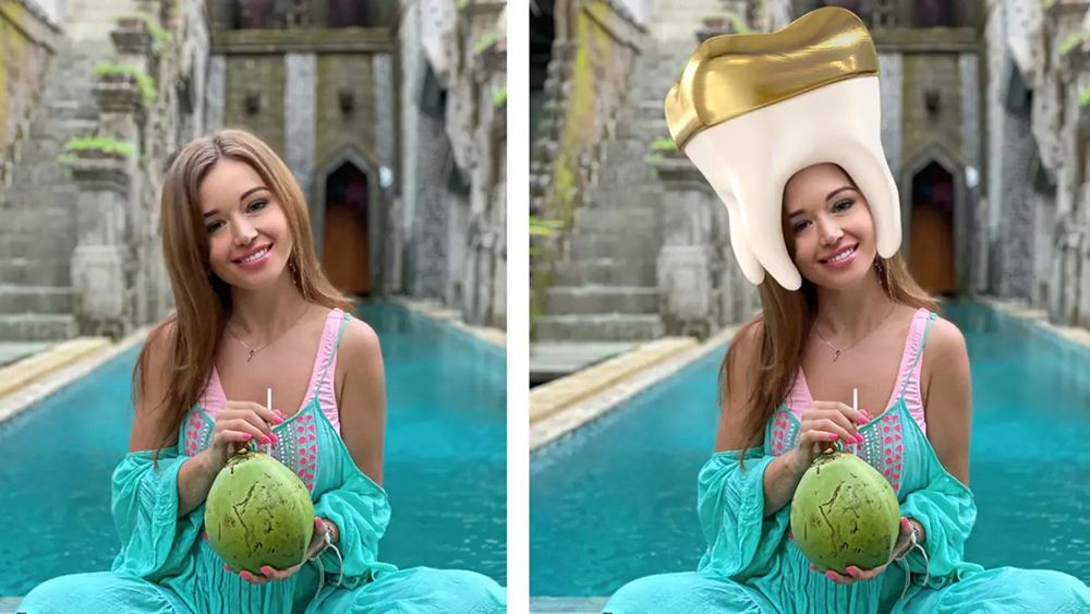 Before and after Photoshopped image of a girl wearing a tooth as a crown