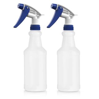 Two plastic spray bottles with a silver and blue head
