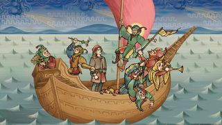 An illustrated ship of medieval characters in Pentiment
