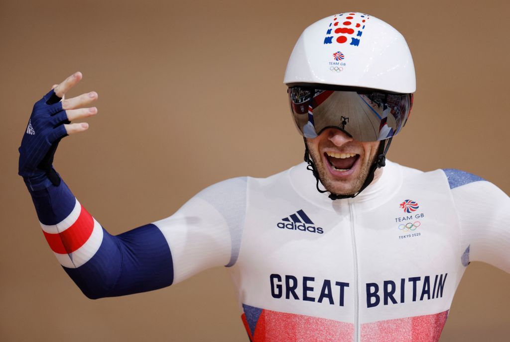 Britains Jason Kenny celebrates taking gold in the mens track cycling keirin final during the Tokyo 2020 Olympic Games at Izu Velodrome in Izu Japan on August 8 2021 Photo by Odd ANDERSEN AFP Photo by ODD ANDERSENAFP via Getty Images