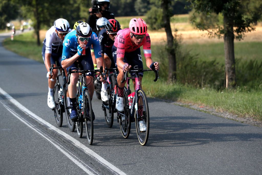 KRAKOW POLAND AUGUST 15 LR Matteo Jorgenson of The United States and Movistar Team and Julius Van Den Berg of The Netherlands and Team EF Education Nippo in the Breakaway during the 78th Tour de Pologne 2021 Stage 7 a 145km stage from Zabrze to Krakw TourdePologne TDP2021 UCIWT on August 15 2021 in Krakow Poland Photo by Bas CzerwinskiGetty Images