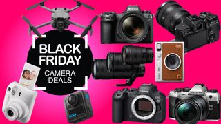 A drone, instant cameras, mirrorless cameras and lenses on a pink background with Black Friday camera deals overlay