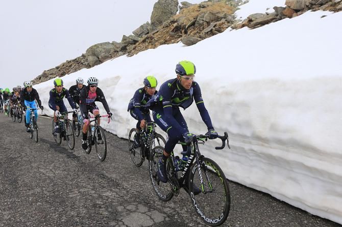 Nairo Quintana still with the maglia rosa on the Stelvio