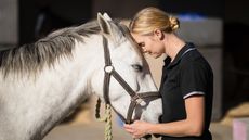 JRCJK1 Side view of female jockey loving horse at barn