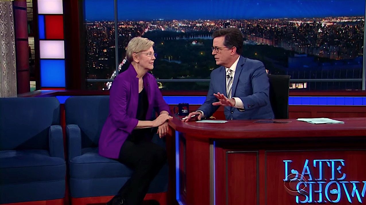 Stephen Colbert and Elizabeth Warren discuss Donald Trump&amp;#039;s acceptance speech