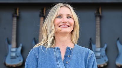 Cameron Diaz smiling in a blue shirt