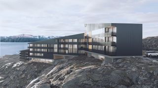 large building in greenland, showing composition of angular structures in snow