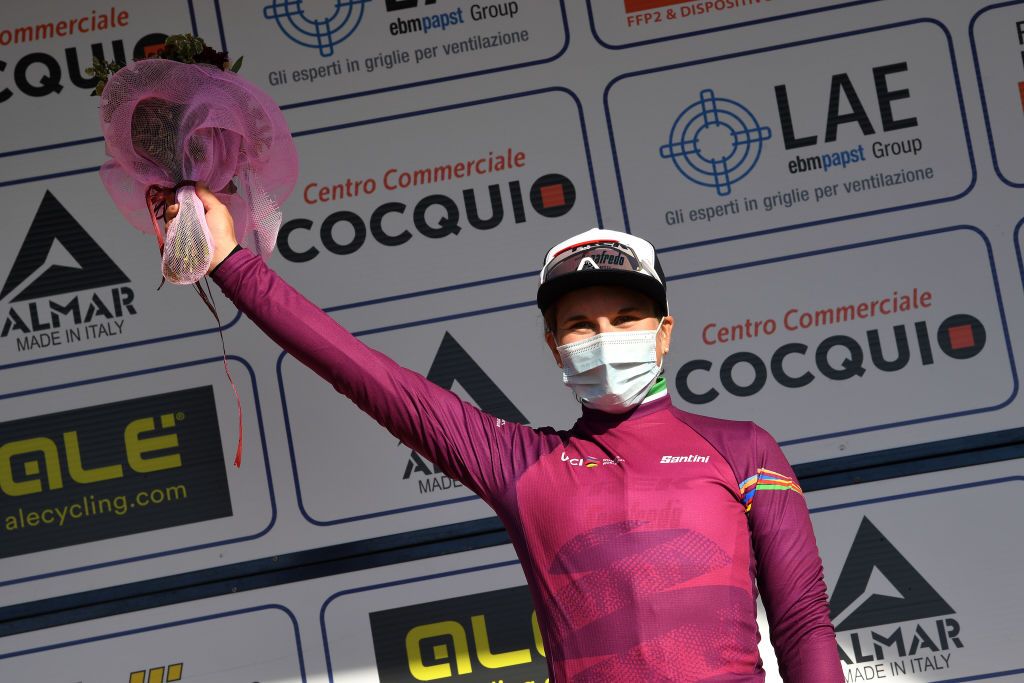 CITTIGLIO ITALY MARCH 21 Podium Elisa Longo Borghini of Italy and Team Trek Segafredo Pink UCI Womens WorldTour Leader Jersey Celebration during the 45th Trofeo Alfredo BindaComune di Cittiglio 2021 Womens Elite a 1418km stage from Cocquio Trevisago to Cittiglio 257m Mask Covid safety measures TrBinda UCIWWT on March 21 2021 in Cittiglio Italy Photo by Tim de WaeleGetty Images