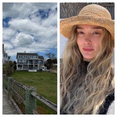 a beach house with a grass lawn next to a woman with blonde hair wearing a straw hat