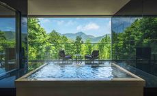 An image of a jacuzzi in a guest room with a view of the mountains