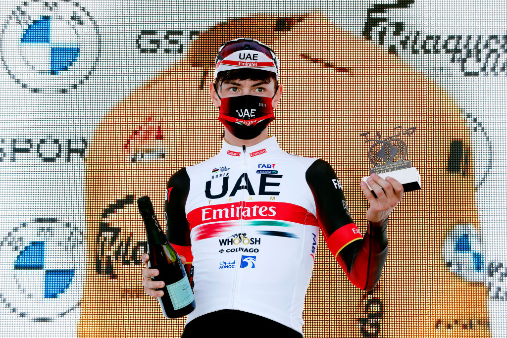 ALCALA LA REAL SPAIN FEBRUARY 17 Alessandro Covi of Italy and UAE Team Emirates celebrates at podium as stage winner during the 68th Vuelta A Andalucia Ruta Del Sol 2022 Stage 2 a 1506km stage from Archidona to Alcal La Real 982m 68RdS on February 17 2022 in Alcala la Real Spain Photo by Bas CzerwinskiGetty Images