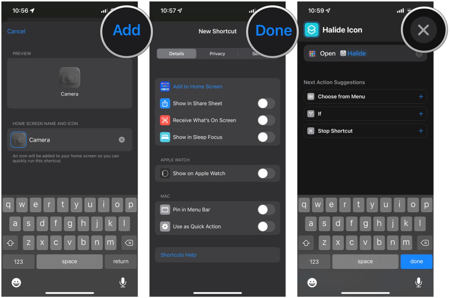 Personalize o ícone do aplicativo em Atalhos no iOS 15: toque em Adicionar, toque em Concluído, toque no X para salvar