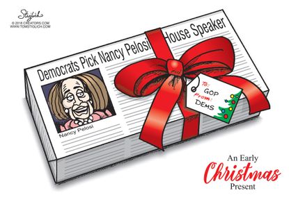 Political cartoon U.S. Nancy Pelosi House Speaker Democrats GOP Christmas present